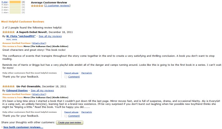 First two Mirror reviews Image of first two reviews on Amazon for Mirror